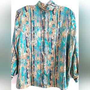 Vintage Fitting Image Stunning Blouse Green Gold Black Shiny Sheen USA Size 18